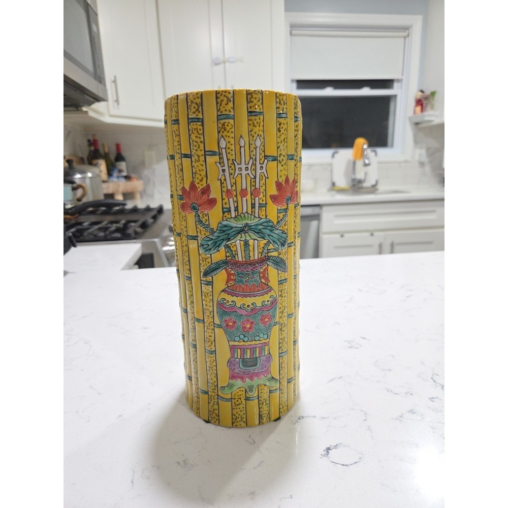 Chinese Porcelain Yellow Tongzhi Period Faux Bamboo Vase